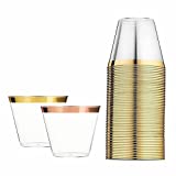 50 copas de vino doradas de 9 oz de plástico grueso, transparente, reutilizables, ecológicas, para fiestas, bodas, cenas y fiestas.
